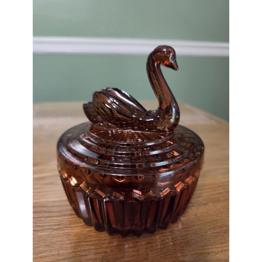 Vintage MCM Jeannette Brown Glass SWAN Candy Trinket Dish Powder Jar